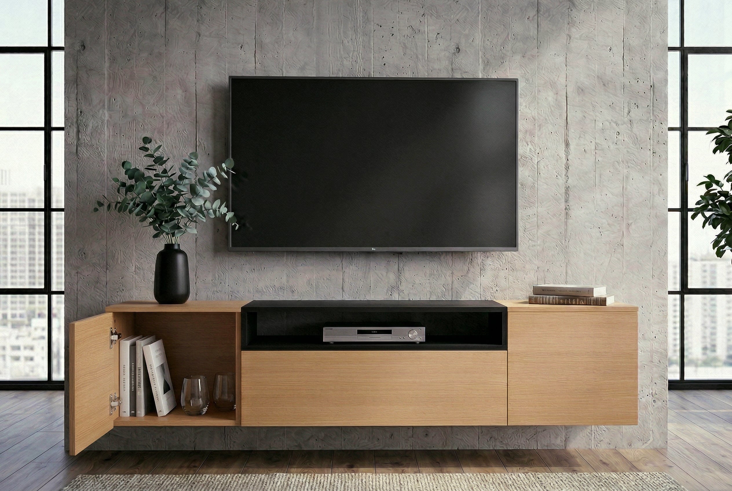 Hängendes TV-Board LOFT 160cm natur schwarz drei Fächer mit Schublade