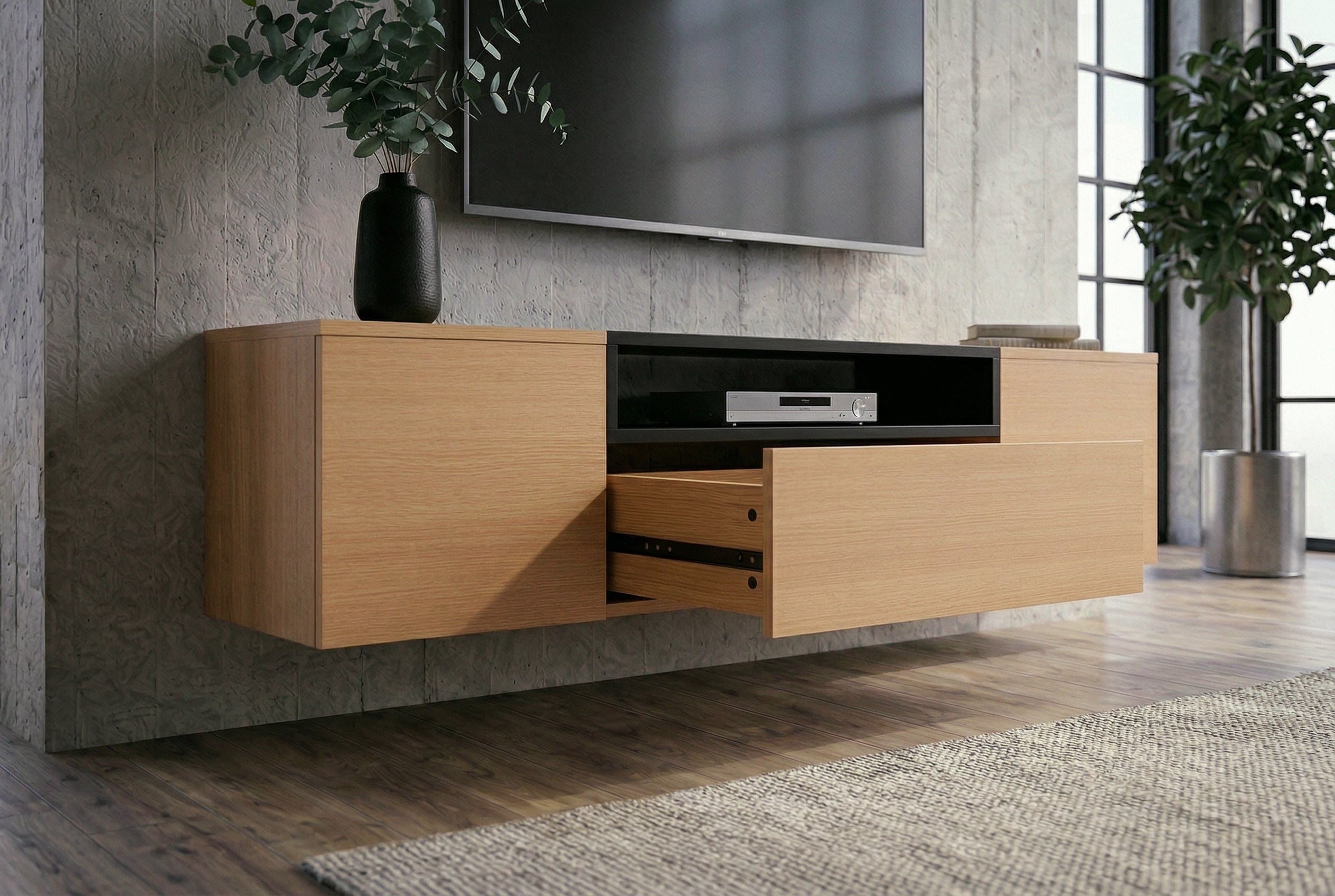 Hängendes TV-Board LOFT 160cm natur schwarz drei Fächer mit Schublade