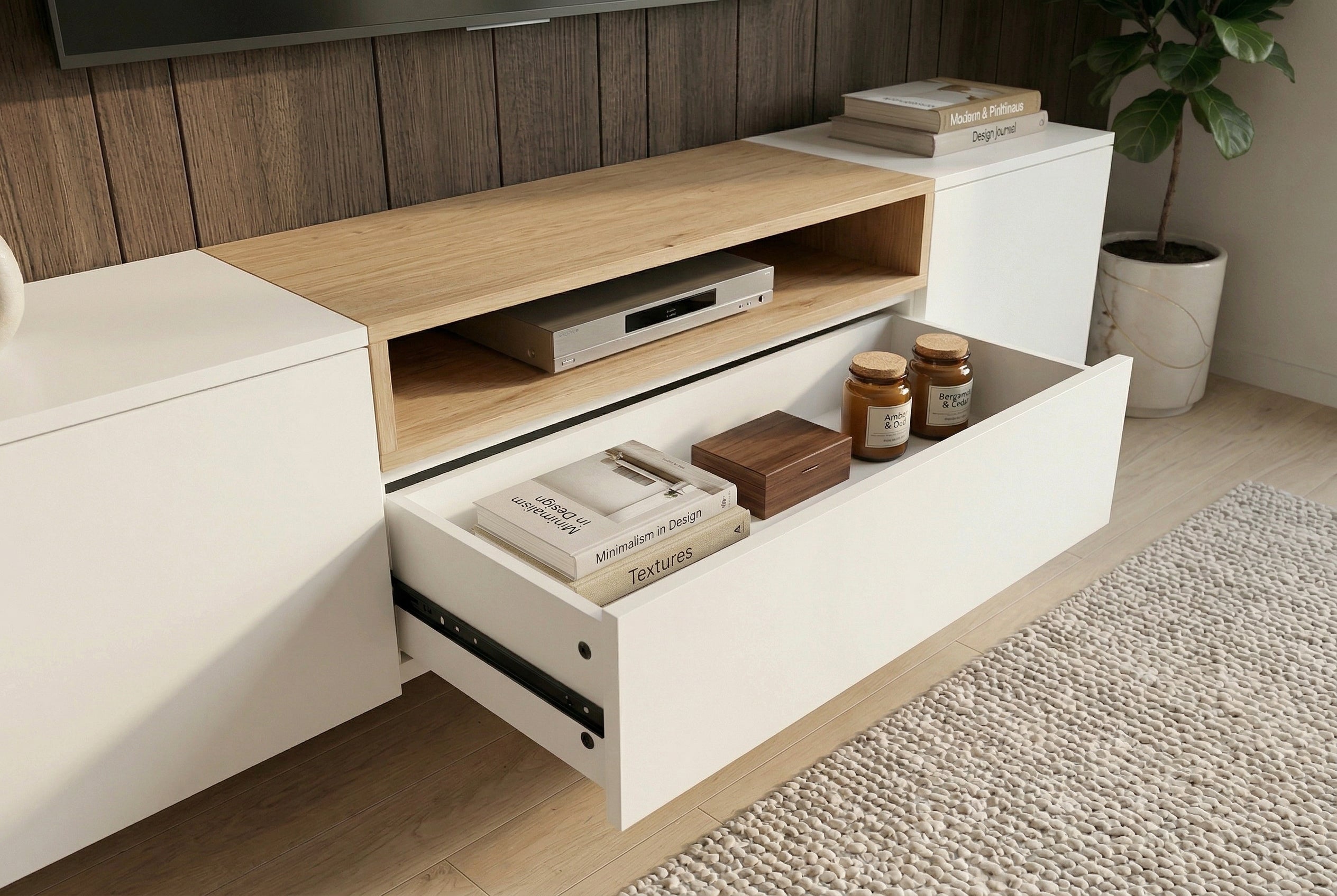 Hängendes TV-Board LOFT 160cm weiß natur drei Fächer mit Schublade
