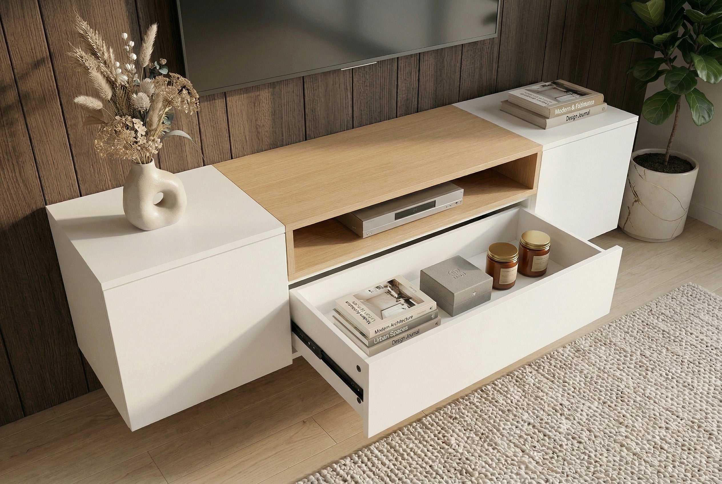 Hängendes TV-Board LOFT 160cm weiß natur drei Fächer mit Schublade