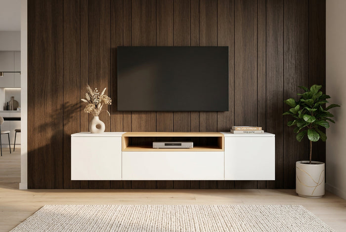 Hängendes TV-Board LOFT 160cm weiß natur drei Fächer mit Schublade
