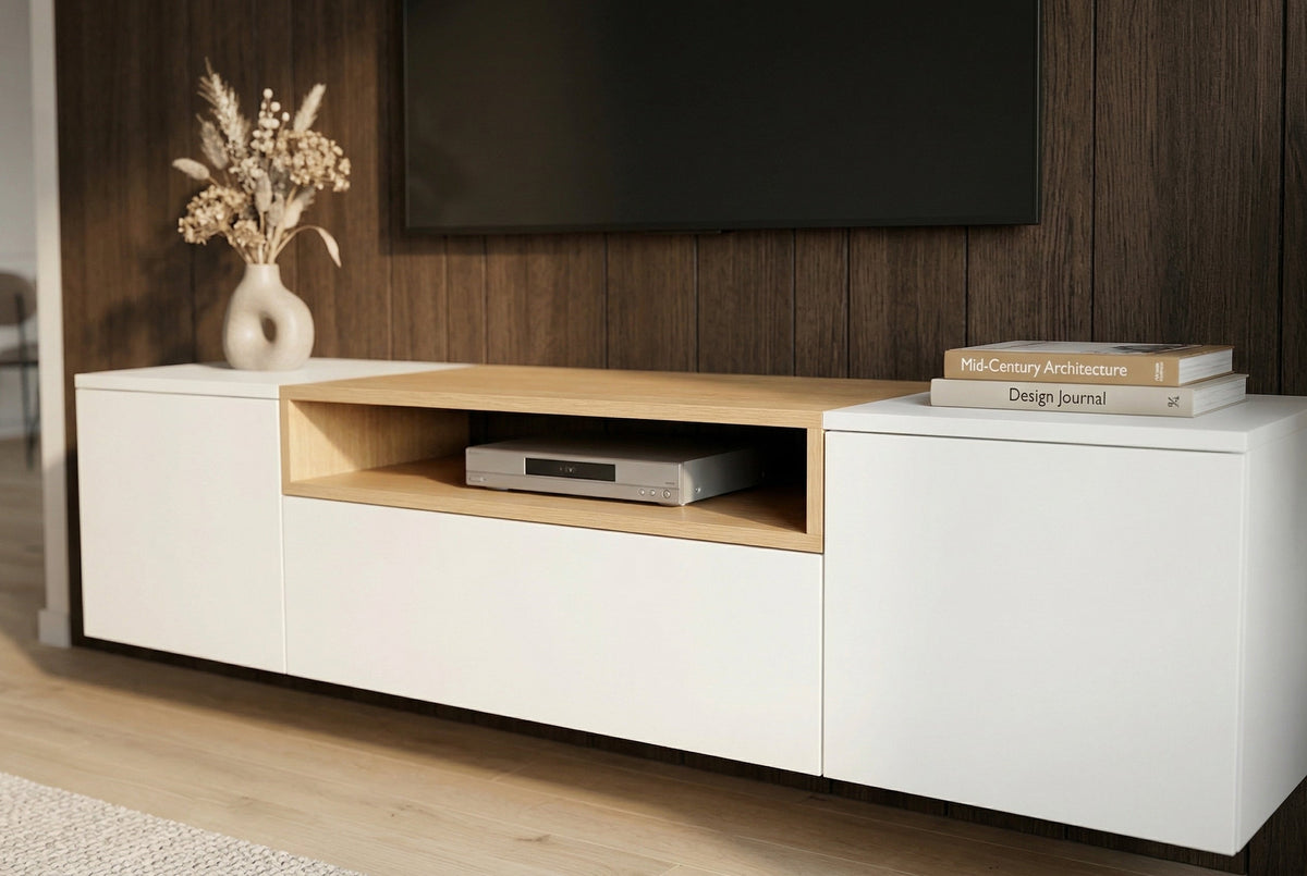 Hängendes TV-Board LOFT 160cm weiß natur drei Fächer mit Schublade