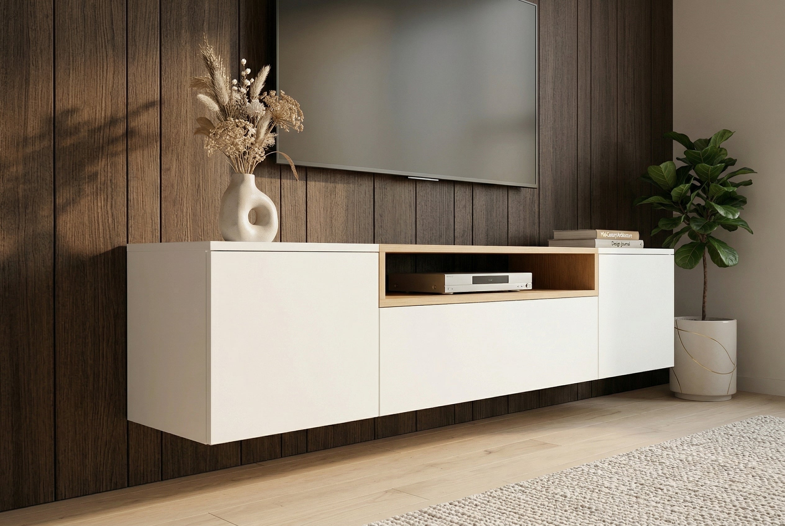 Hängendes TV-Board LOFT 160cm weiß natur drei Fächer mit Schublade