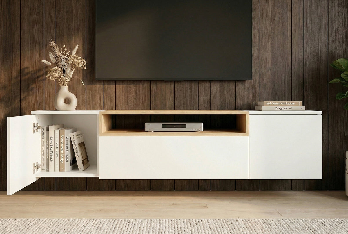 Hängendes TV-Board LOFT 160cm weiß natur drei Fächer mit Schublade