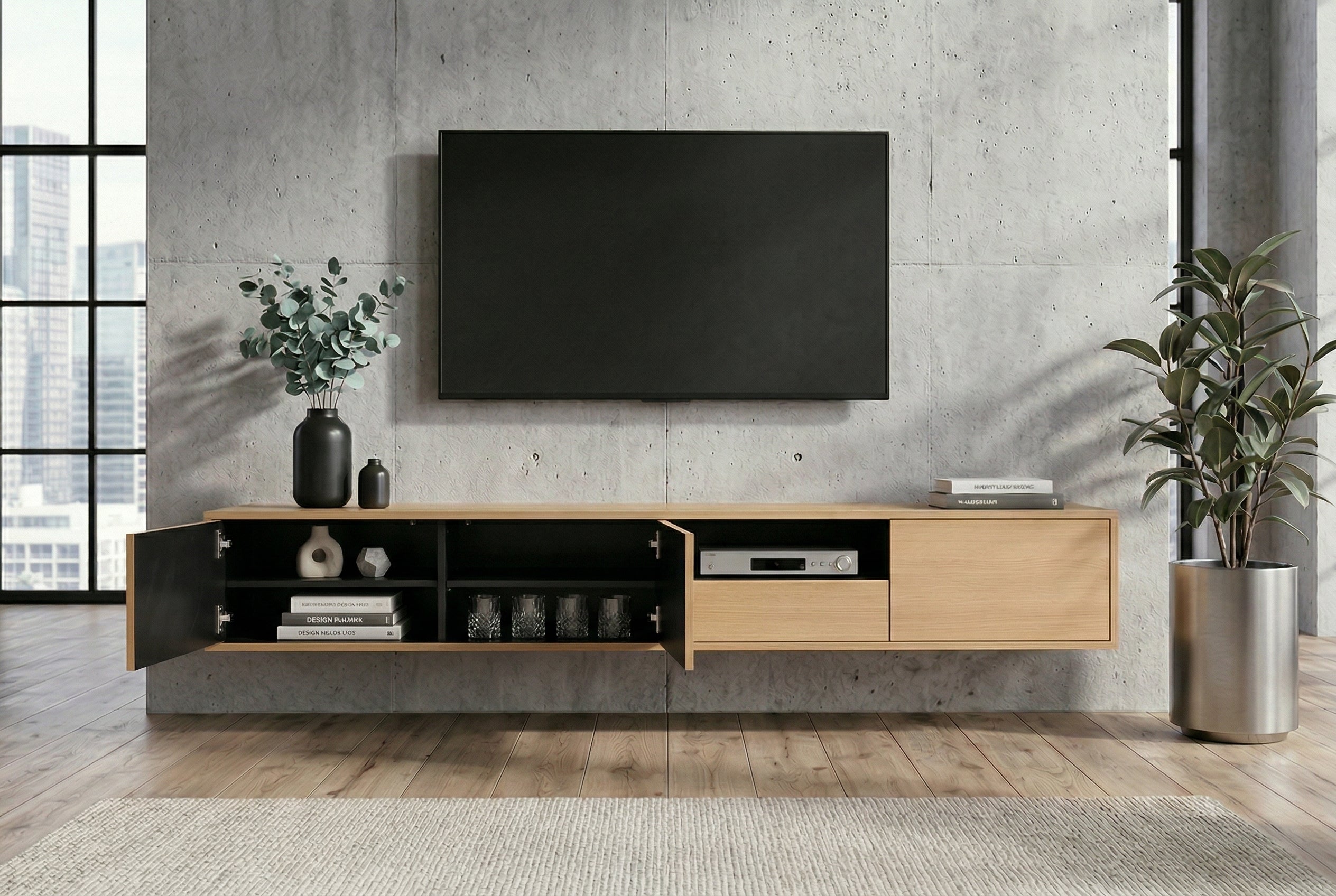 Hängendes TV-Board LOFT 200cm natur schwarz sieben Fächer mit Schublade