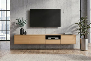 Hängendes TV-Board LOFT 200cm natur schwarz sieben Fächer mit Schublade
