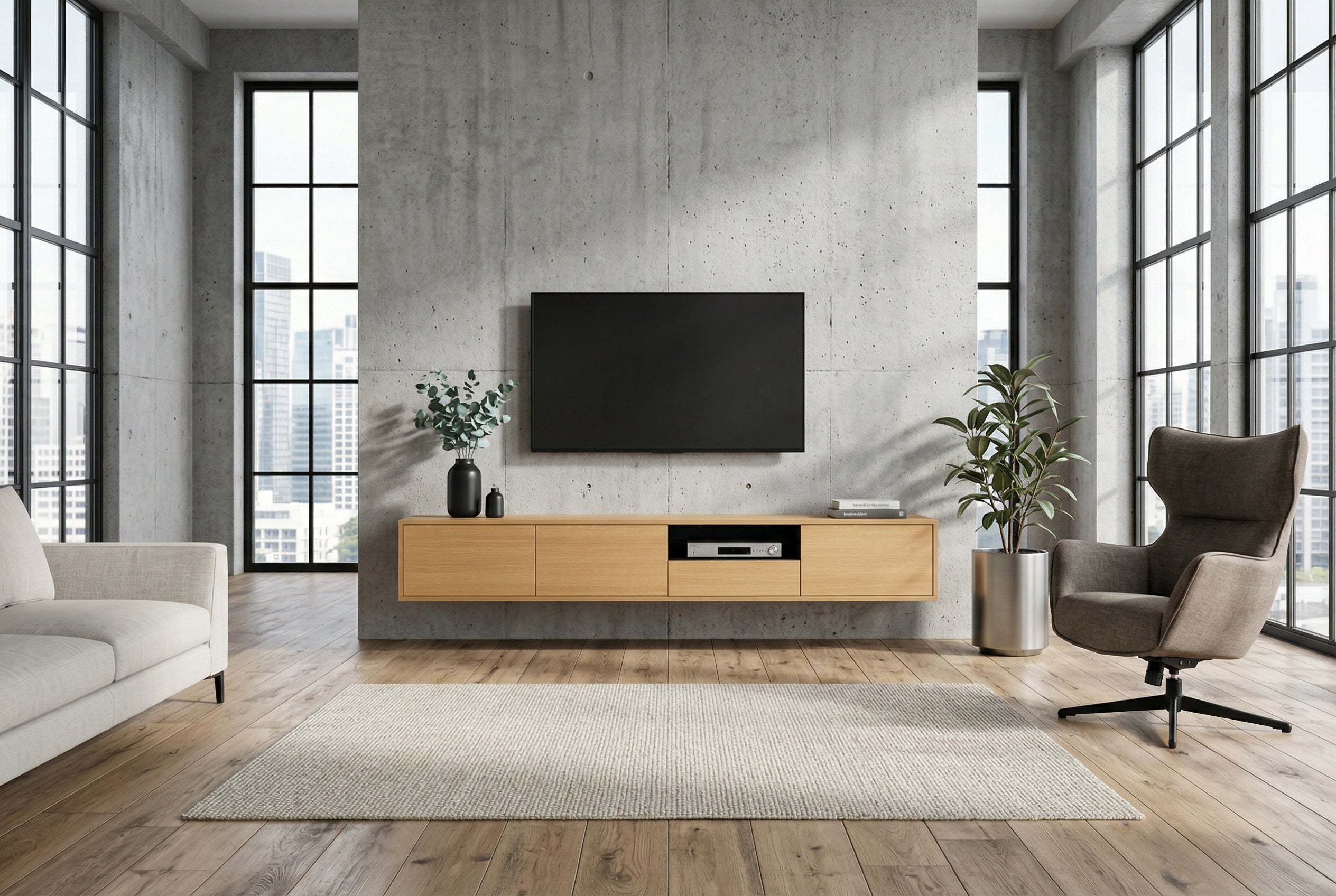 Hängendes TV-Board LOFT 200cm natur schwarz sieben Fächer mit Schublade