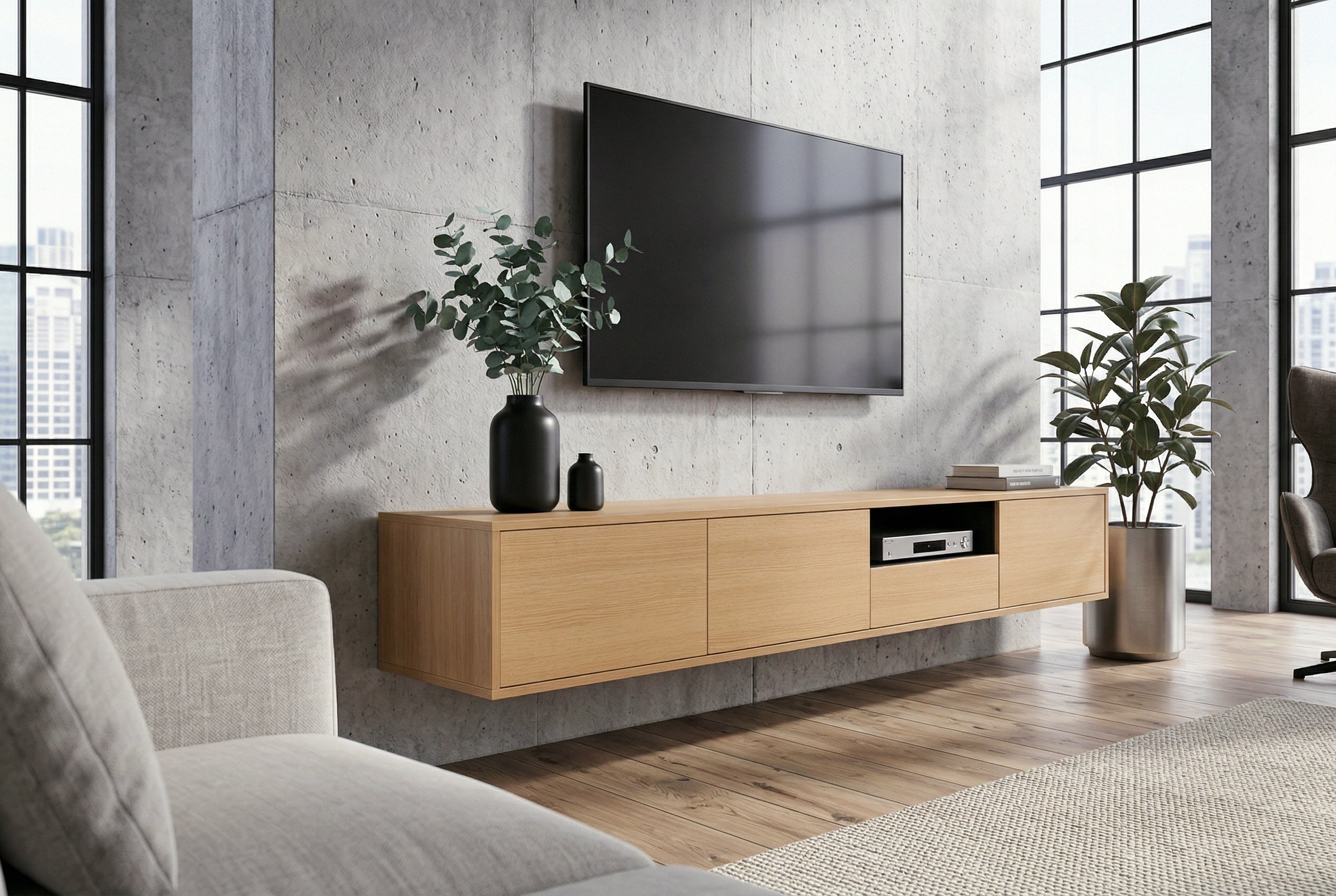 Hängendes TV-Board LOFT 200cm natur schwarz sieben Fächer mit Schublade