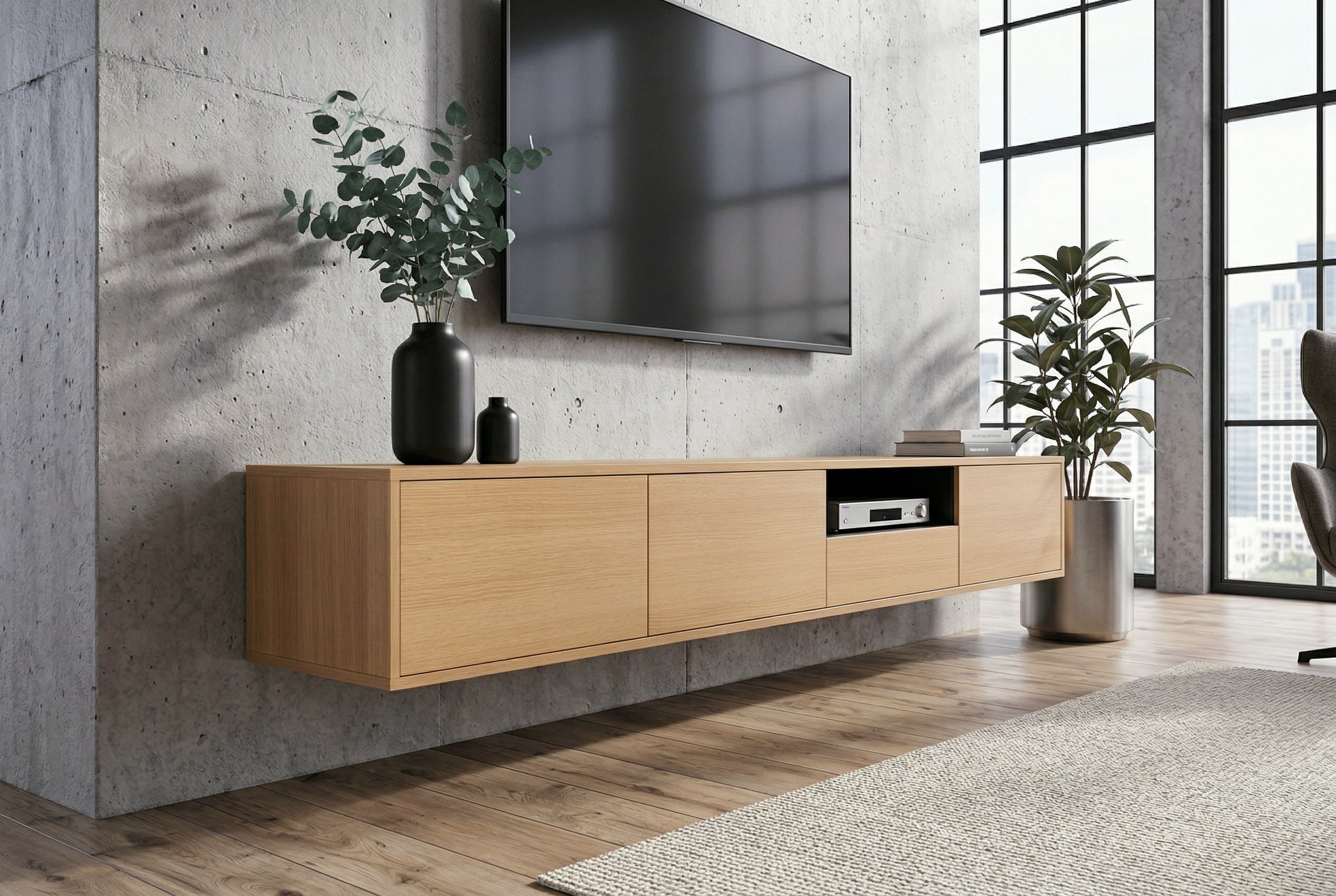 Hängendes TV-Board LOFT 200cm natur schwarz sieben Fächer mit Schublade