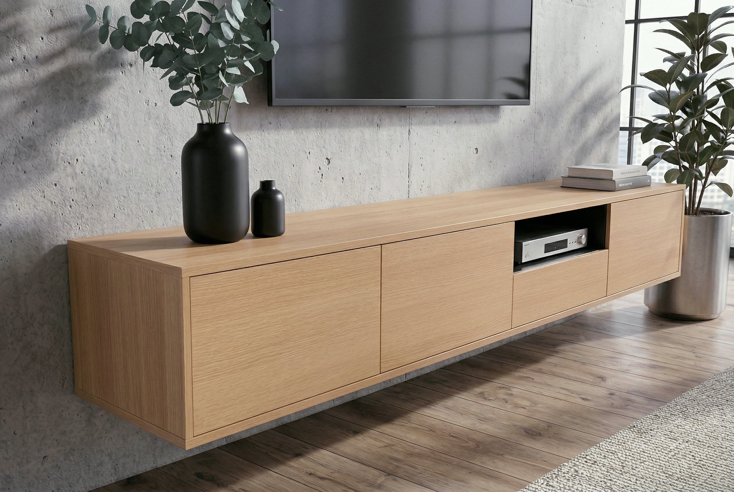 Hängendes TV-Board LOFT 200cm natur schwarz sieben Fächer mit Schublade