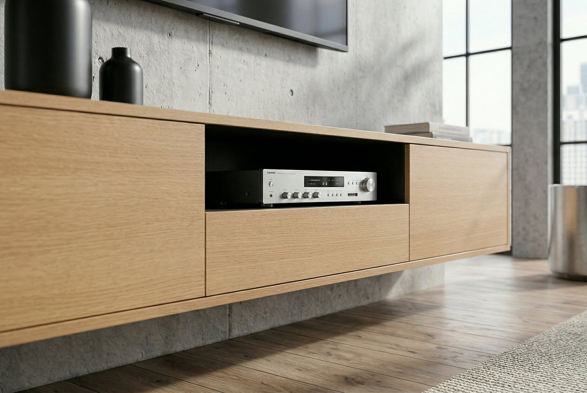Hängendes TV-Board LOFT 200cm natur schwarz sieben Fächer mit Schublade