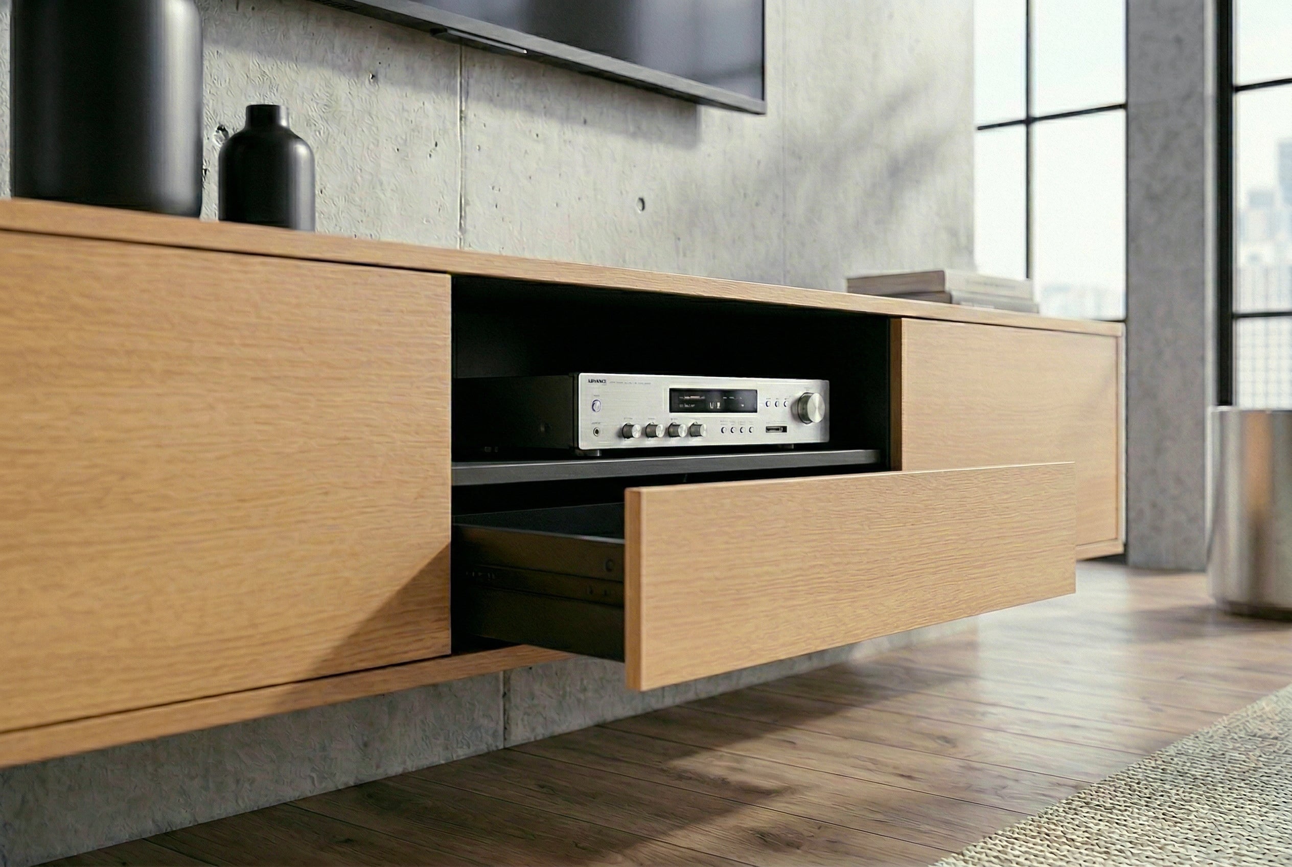 Hängendes TV-Board LOFT 200cm natur schwarz sieben Fächer mit Schublade