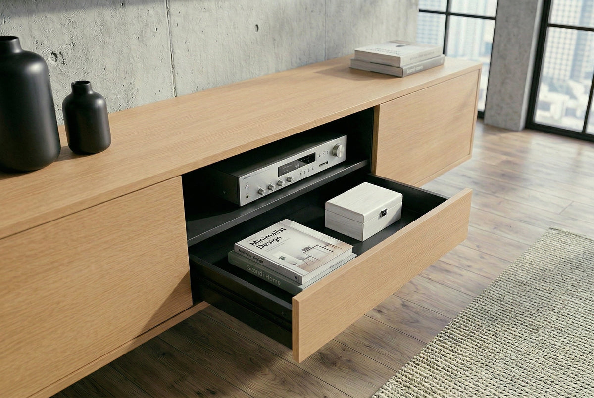 Hängendes TV-Board LOFT 200cm natur schwarz sieben Fächer mit Schublade