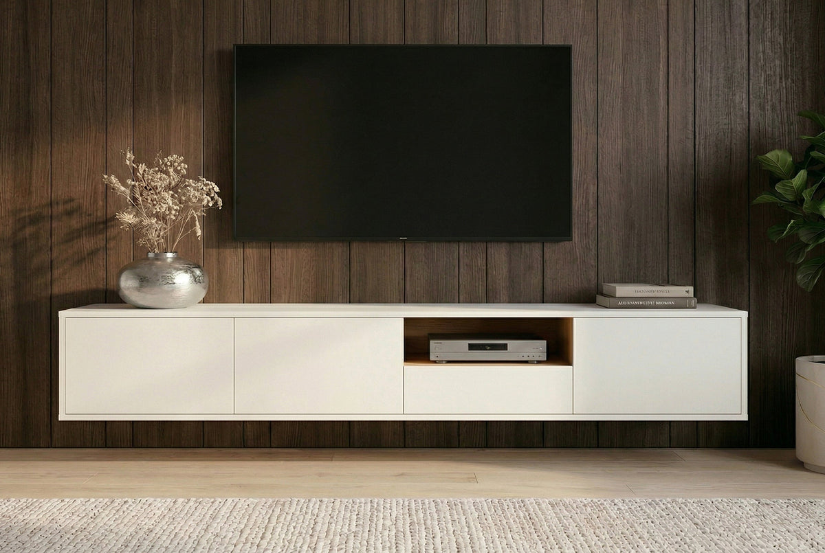 Hängendes TV-Board LOFT 200cm weiß natur sieben Fächer mit Schublade