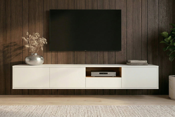 Hängendes TV-Board LOFT 200cm weiß natur sieben Fächer mit Schublade