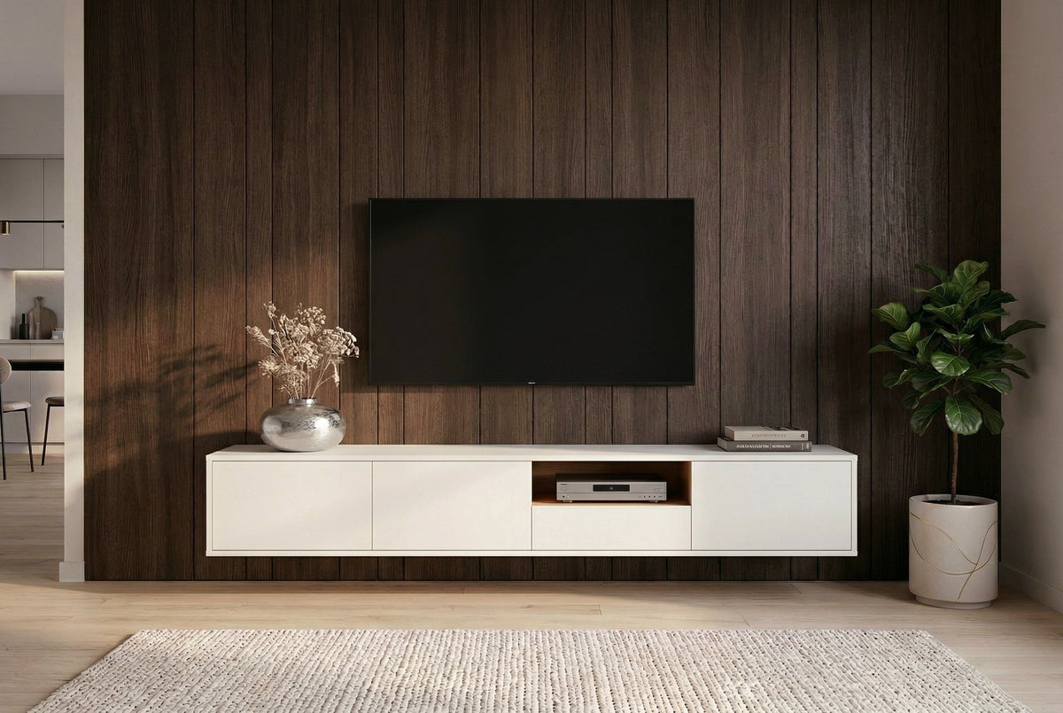 Hängendes TV-Board LOFT 200cm weiß natur sieben Fächer mit Schublade