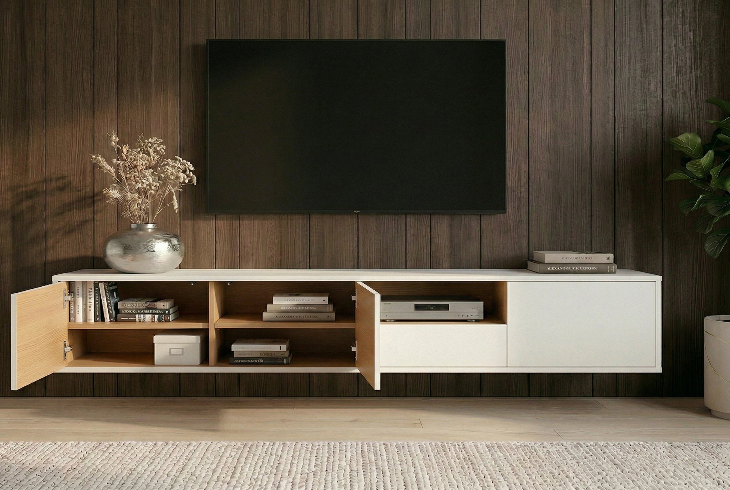 Hängendes TV-Board LOFT 200cm weiß natur sieben Fächer mit Schublade