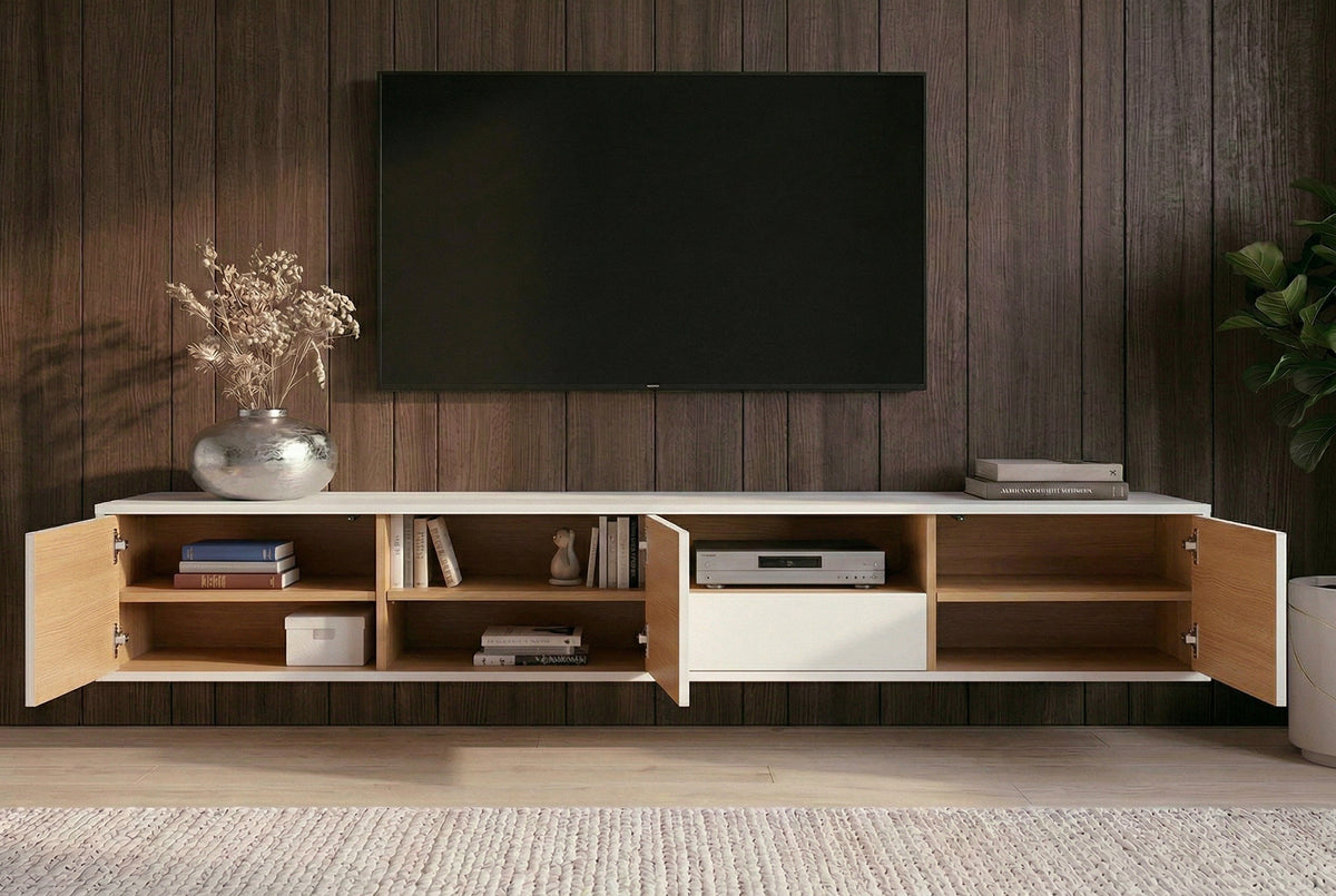 Hängendes TV-Board LOFT 200cm weiß natur sieben Fächer mit Schublade
