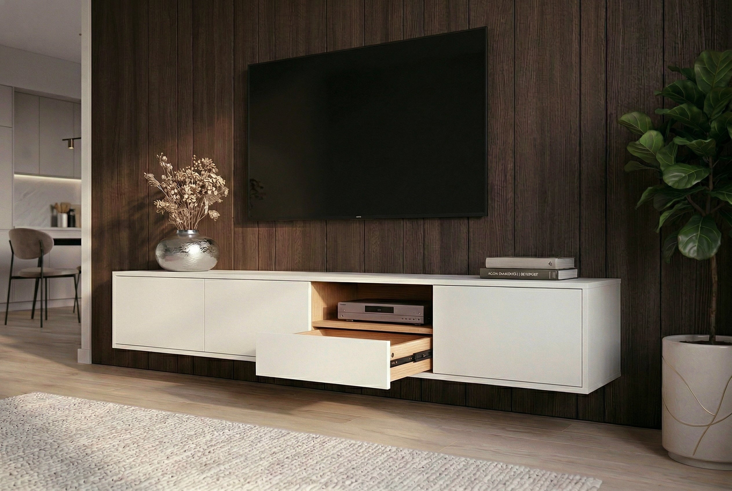 Hängendes TV-Board LOFT 200cm weiß natur sieben Fächer mit Schublade