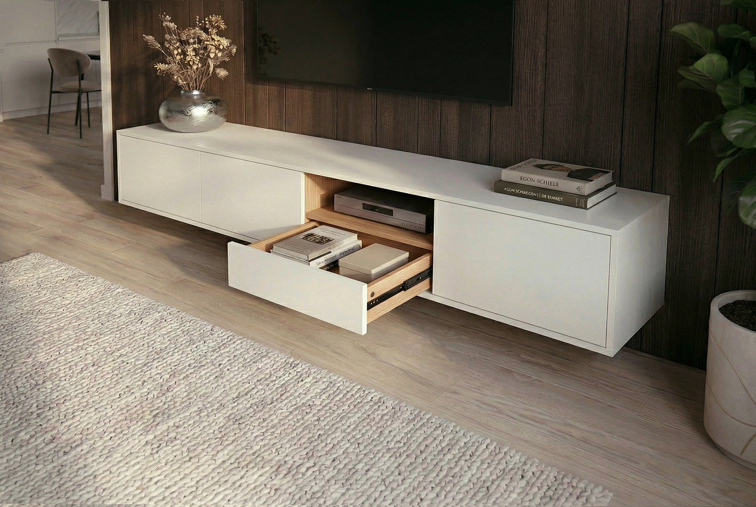 Hängendes TV-Board LOFT 200cm weiß natur sieben Fächer mit Schublade