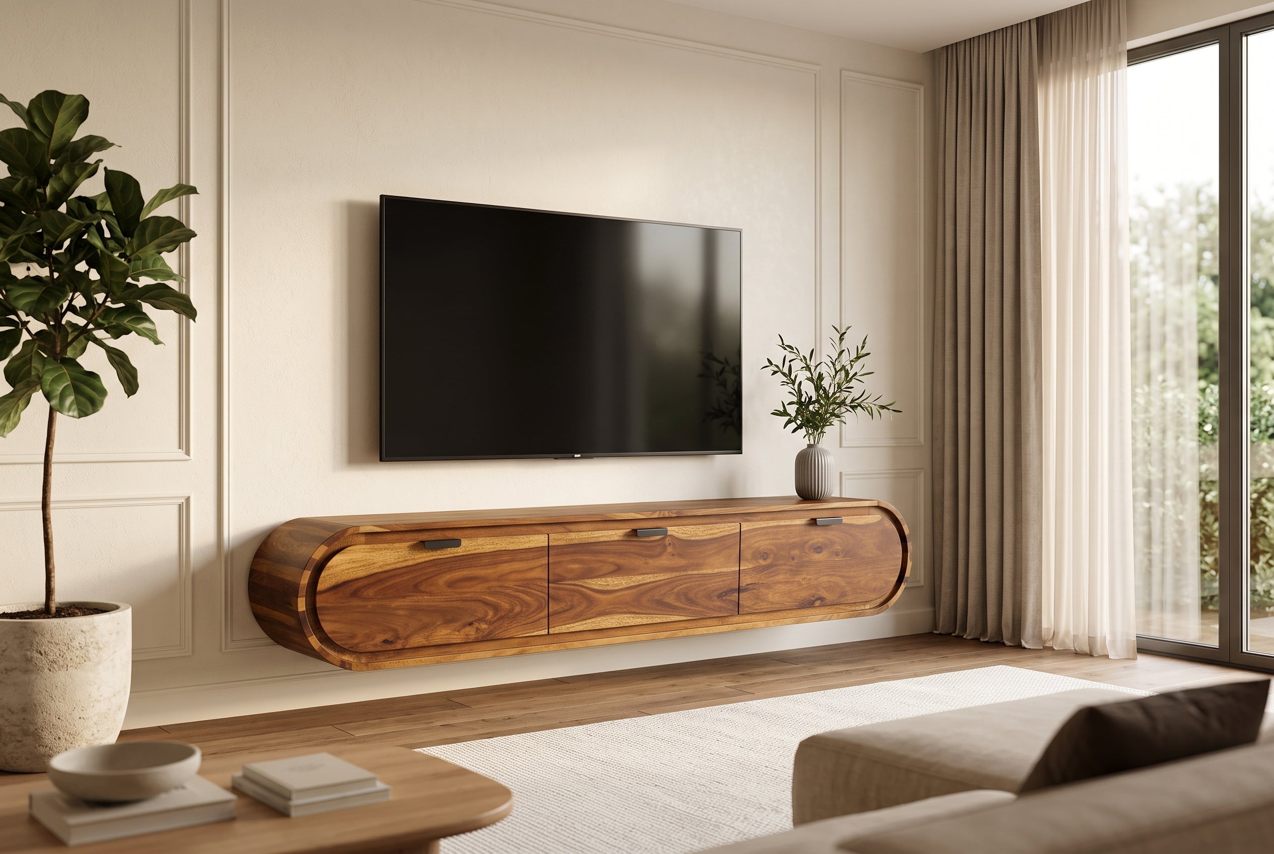 Hängendes TV-Board ORGANIC 160cm braun stone finish Sheeshamholz massiv mit Schubladen