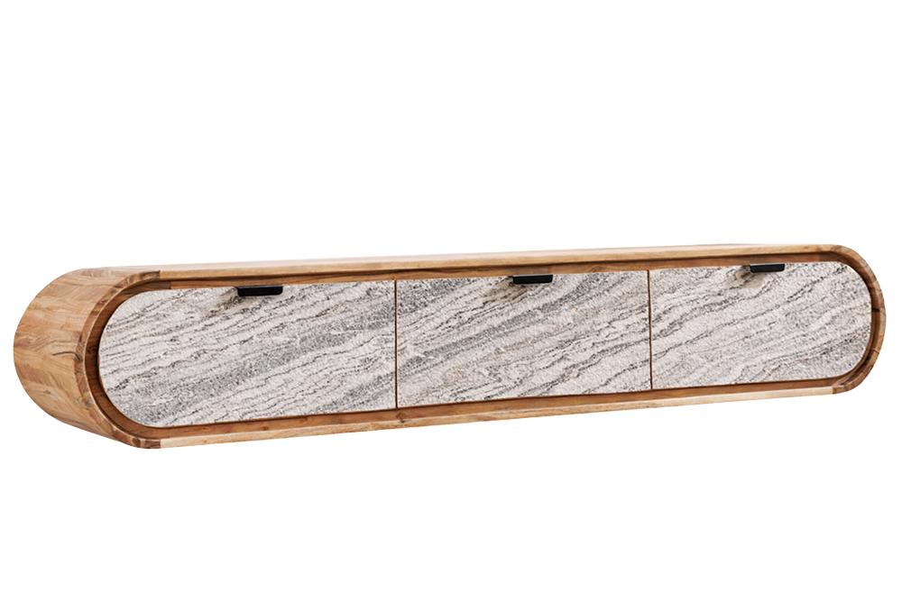 Hängendes TV-Board ORGANIC 160cm natur Akazie schwarz weiß Steinfurnier Schubladen