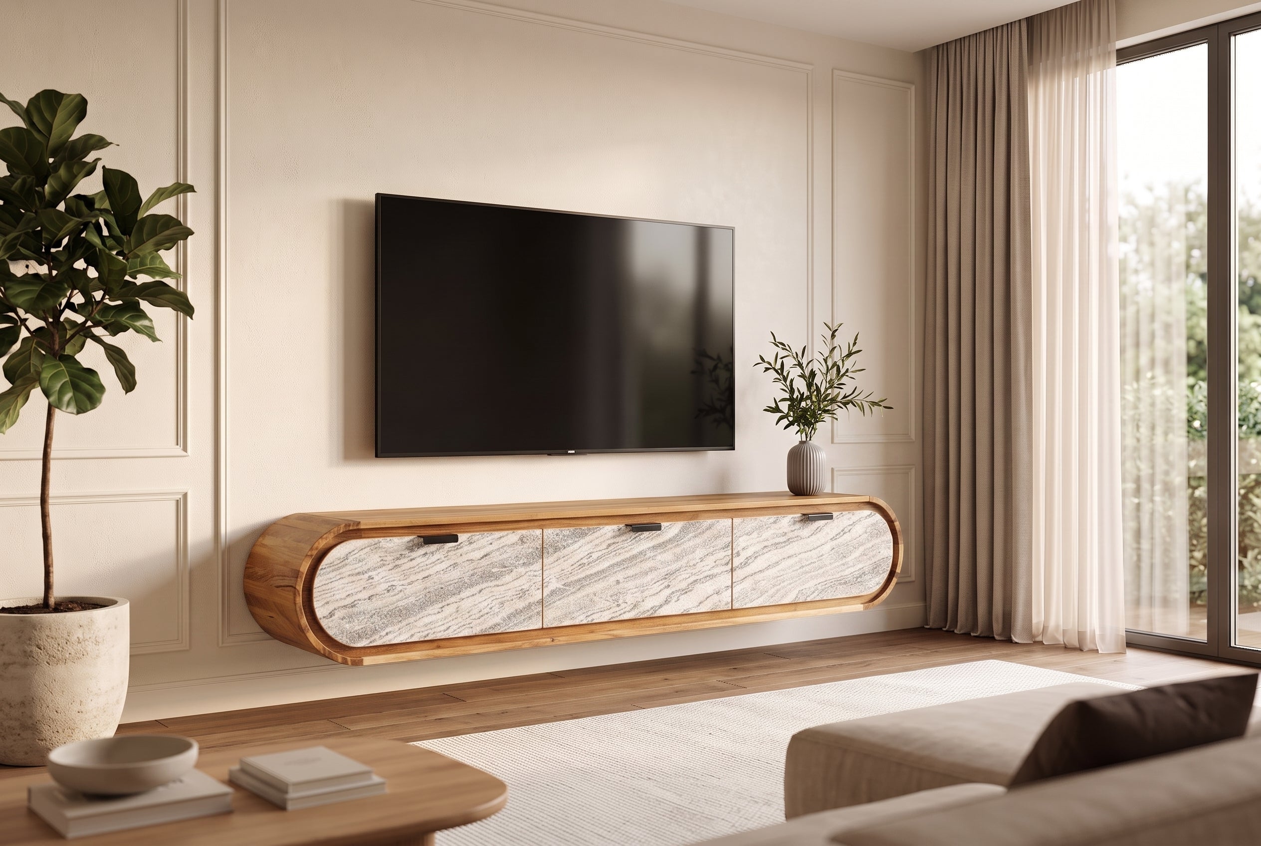 Hängendes TV-Board ORGANIC 160cm natur Akazie schwarz weiß Steinfurnier Schubladen