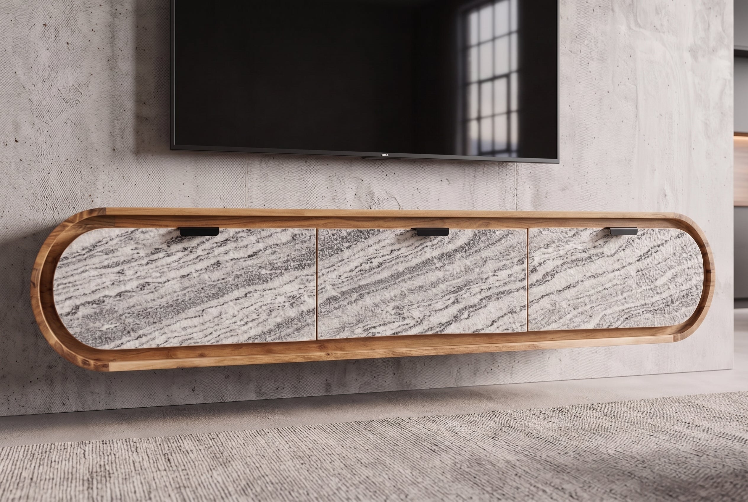 Hängendes TV-Board ORGANIC 160cm natur Akazie schwarz weiß Steinfurnier Schubladen