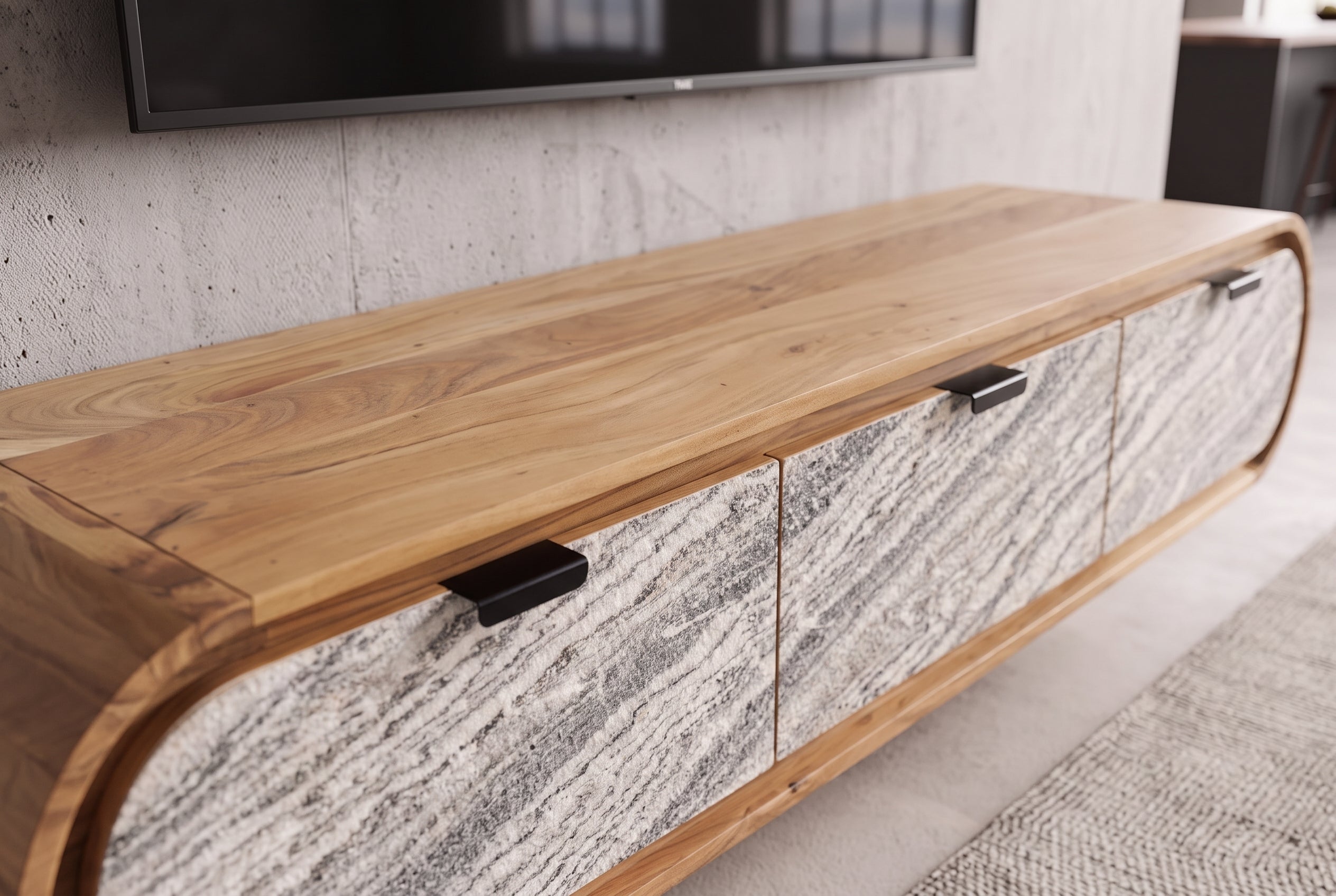 Hängendes TV-Board ORGANIC 160cm natur Akazie schwarz weiß Steinfurnier Schubladen