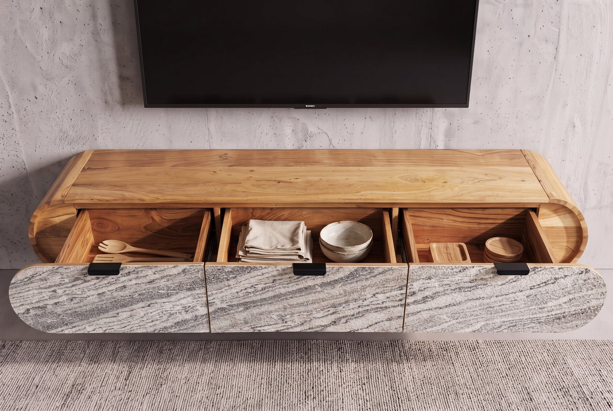 Hängendes TV-Board ORGANIC 160cm natur Akazie schwarz weiß Steinfurnier Schubladen