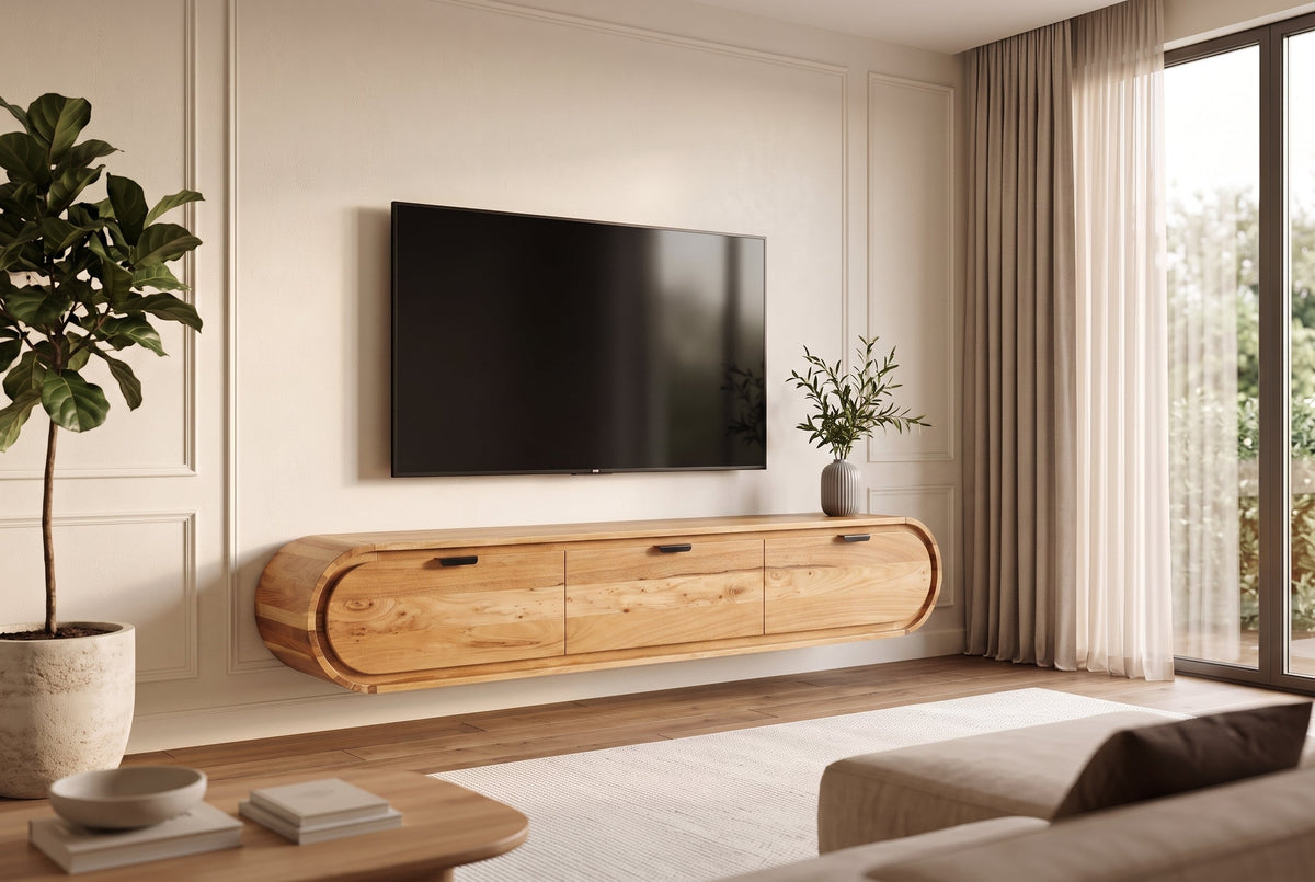 Hängendes TV-Board ORGANIC 160cm natur Akazienholz massiv handmade mit Schubladen