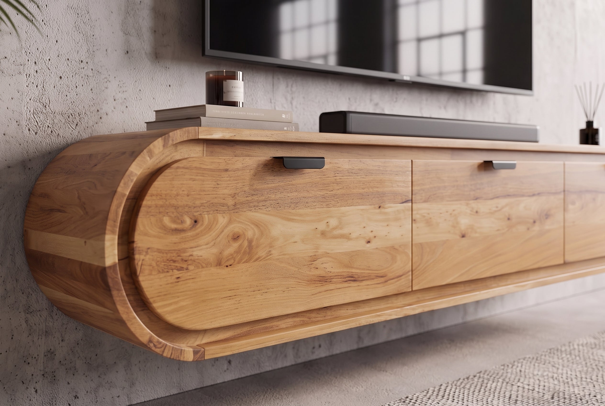Hängendes TV-Board ORGANIC 160cm natur Akazienholz massiv handmade mit Schubladen