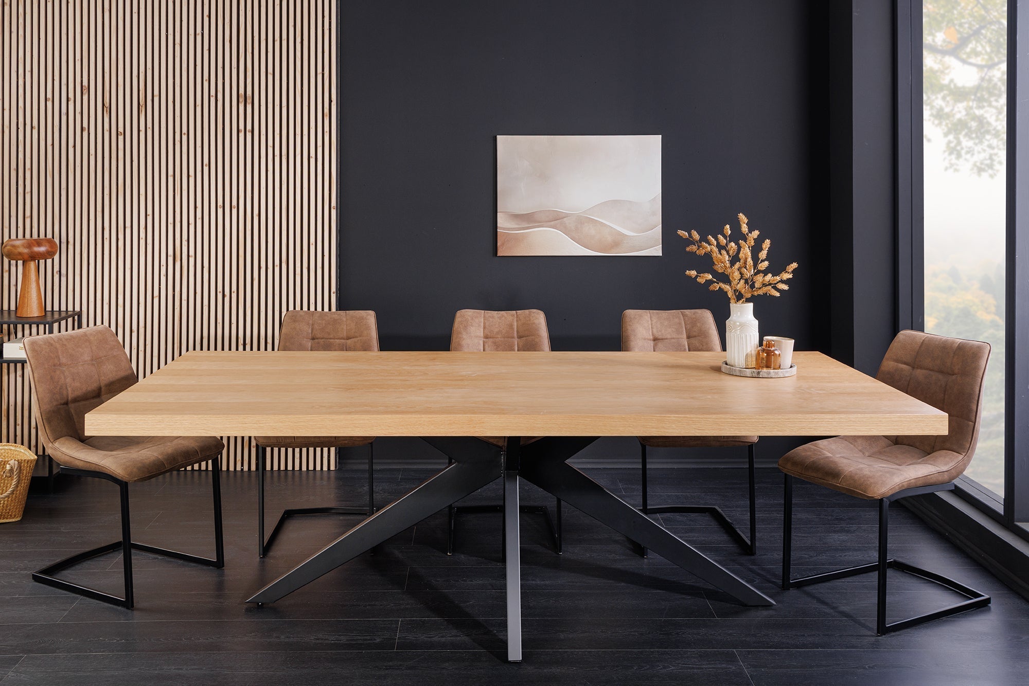 Imposante table à manger ZEUS 240cm design en chêne naturel avec structure étoile en métal