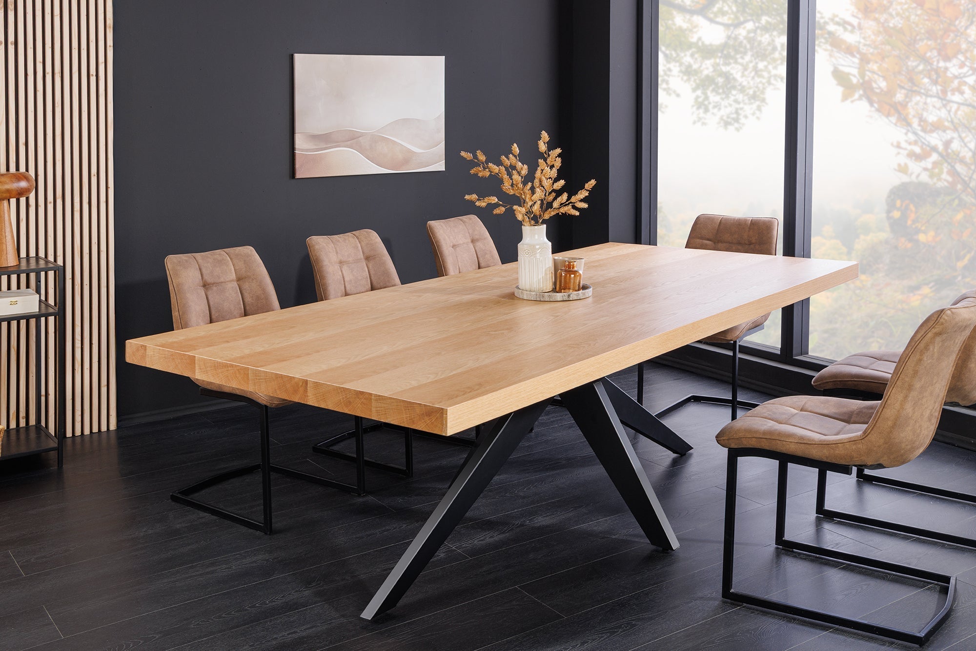 Imposante table à manger ZEUS 240cm design en chêne naturel avec structure étoile en métal