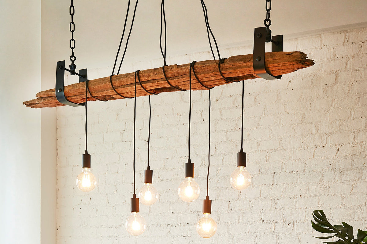Industrial Hängelampe BARRACUDA 152cm recyceltes Massivholz mit 5 Leuchten
