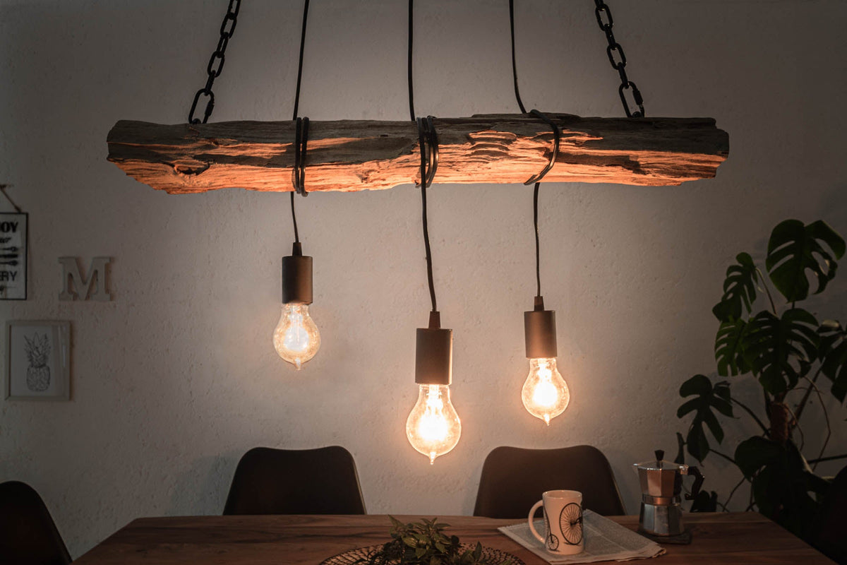 Industrial Hängelampe BARRACUDA 70cm recyceltes Massivholz mit 3 Leuchten