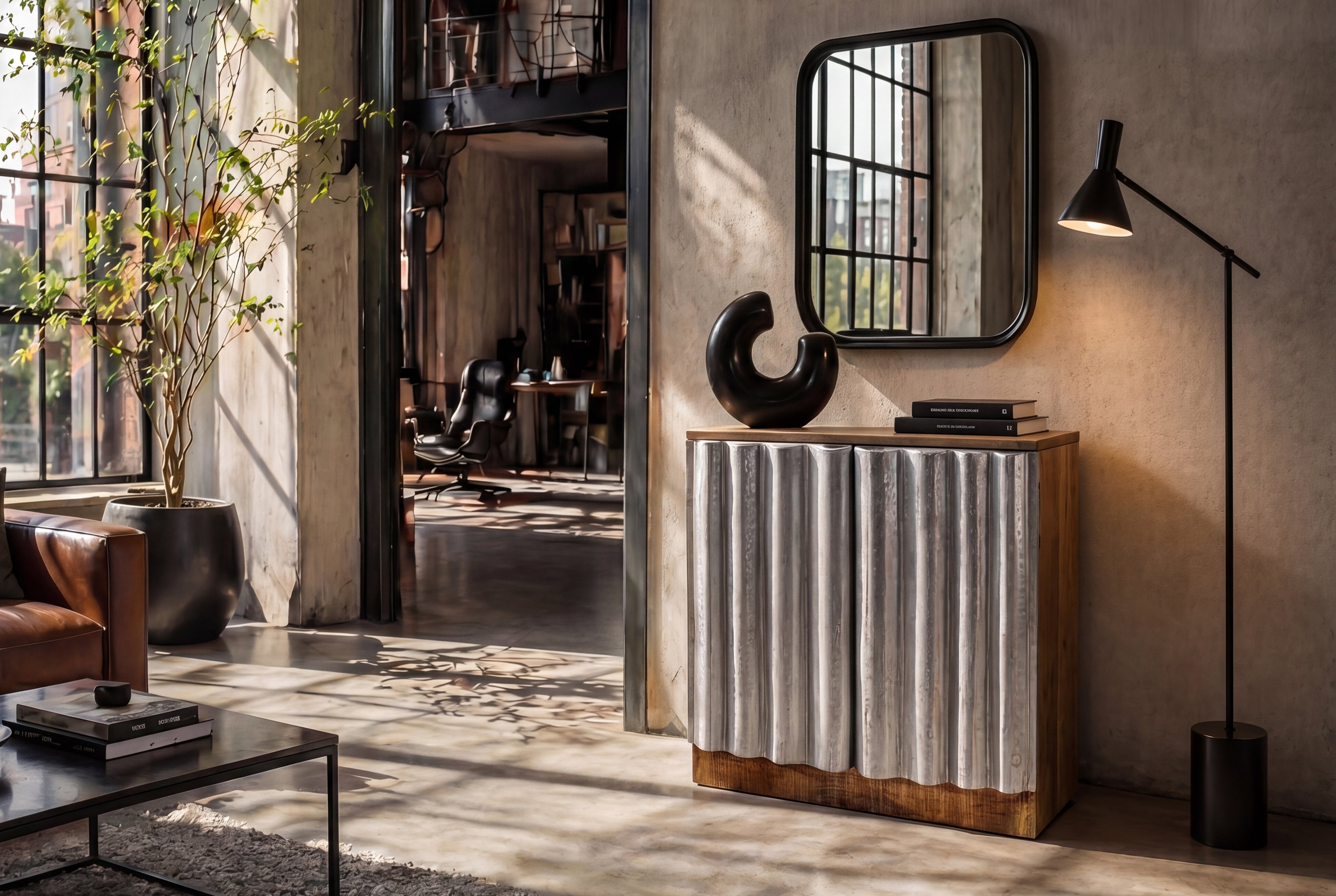 Kompaktes Sideboard ZALVERO 80cm natur silber Mangoholz mit Metall-Aluminium Front