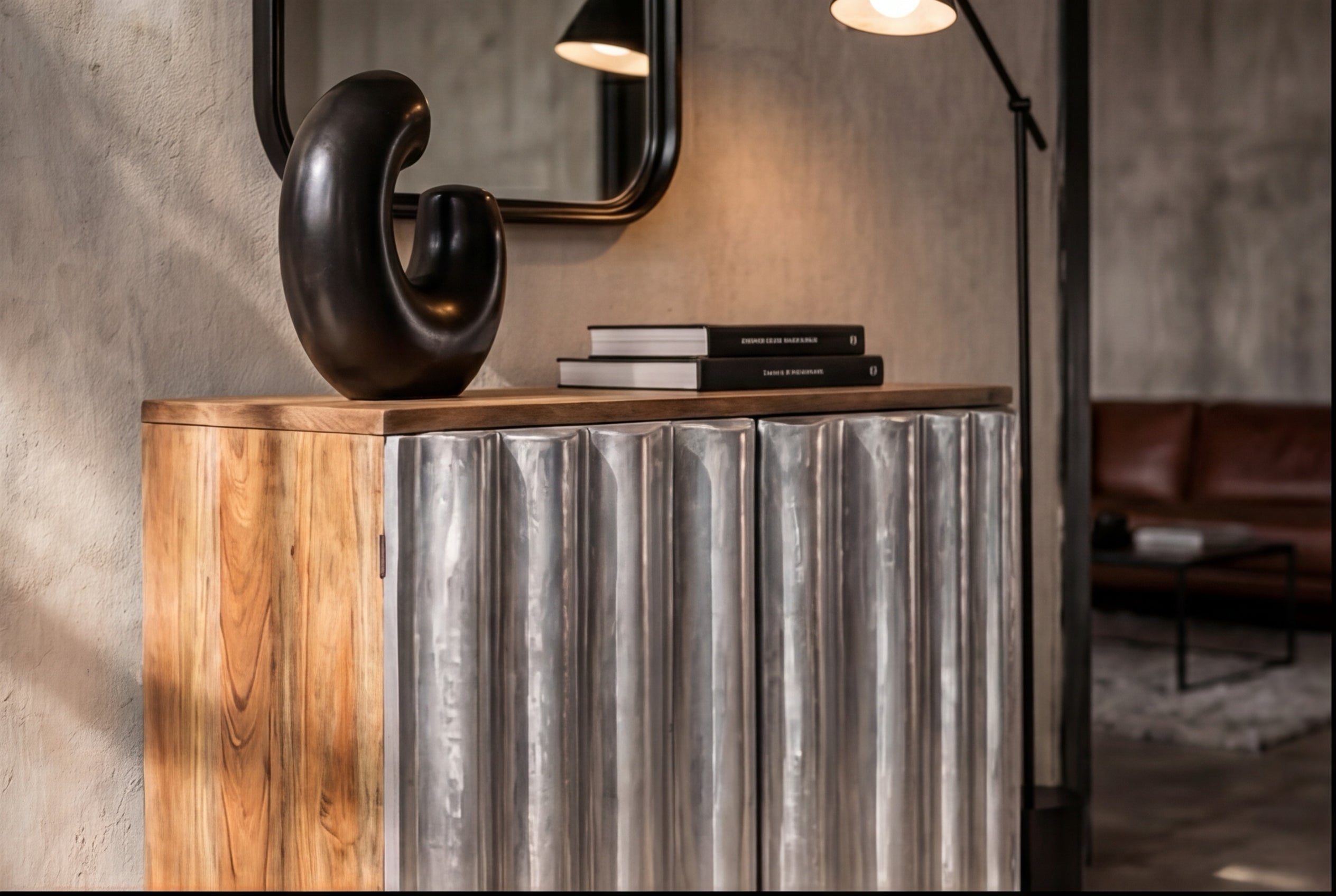 Kompaktes Sideboard ZALVERO 80cm natur silber Mangoholz mit Metall-Aluminium Front