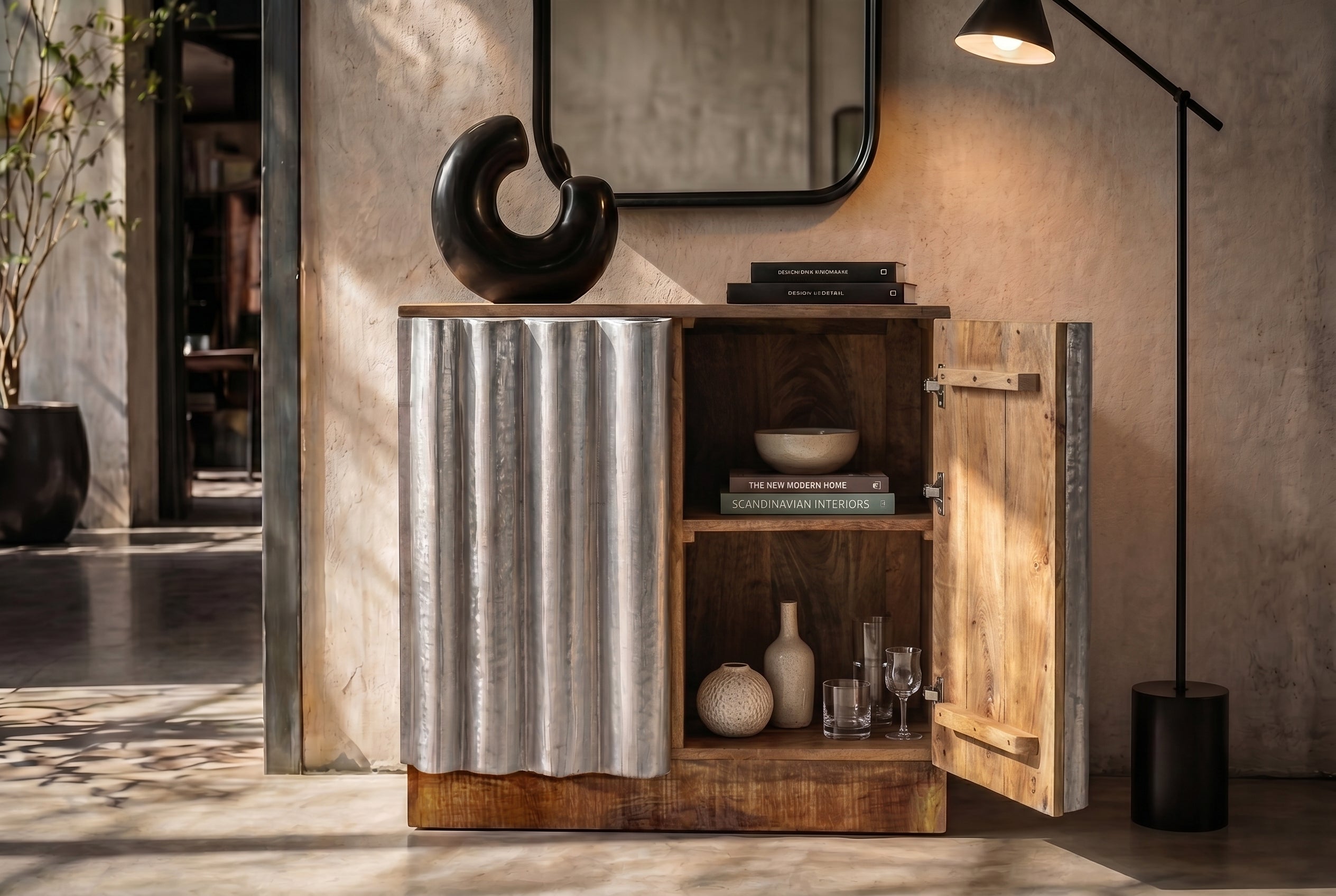 Kompaktes Sideboard ZALVERO 80cm natur silber Mangoholz mit Metall-Aluminium Front