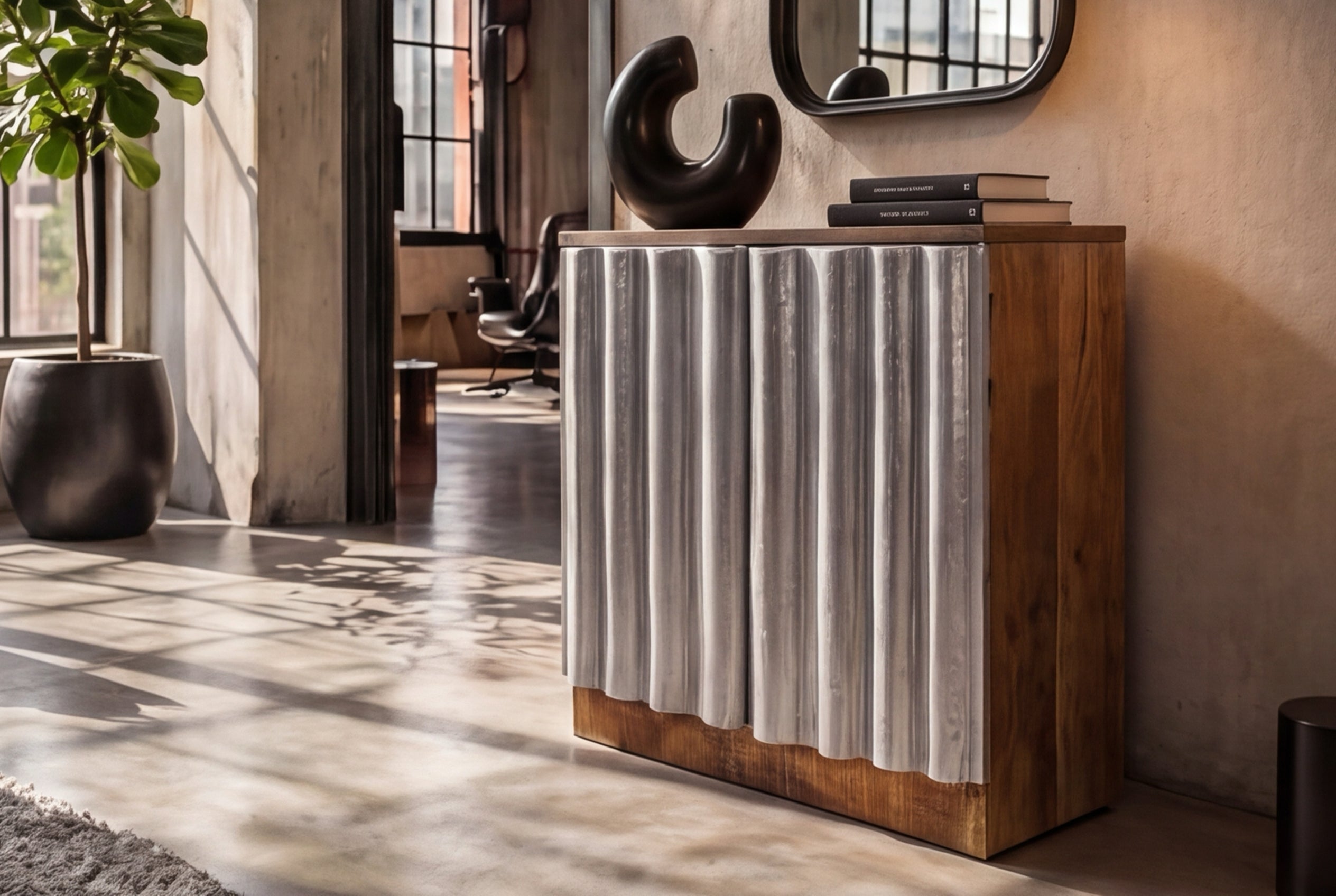 Kompaktes Sideboard ZALVERO 80cm natur silber Mangoholz mit Metall-Aluminium Front