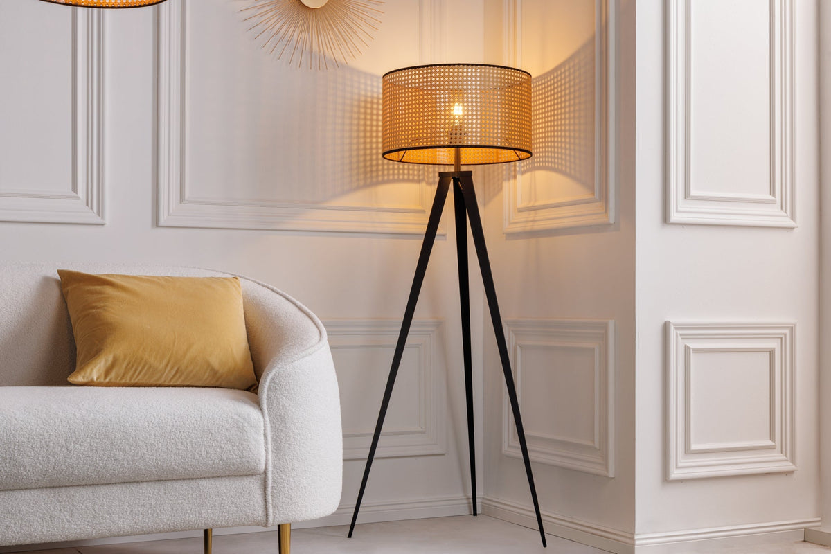 Lampadaire Boho VIENNA 142cm noir naturel lampadaire trépied en métal tissage viennois