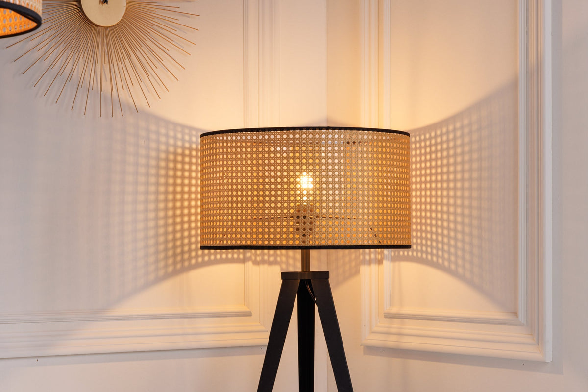 Lampadaire Boho VIENNA 142cm noir naturel lampadaire trépied en métal tissage viennois