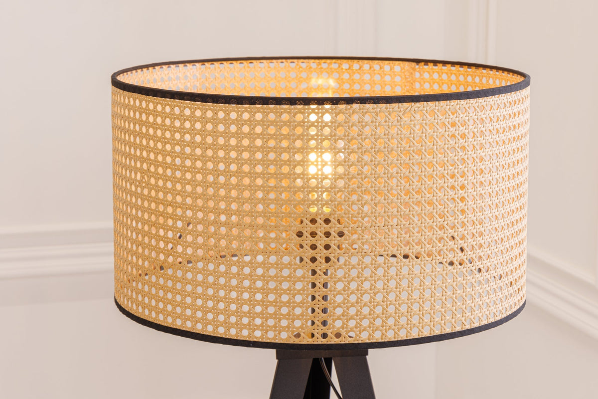 Lampadaire Boho VIENNA 142cm noir naturel lampadaire trépied en métal tissage viennois
