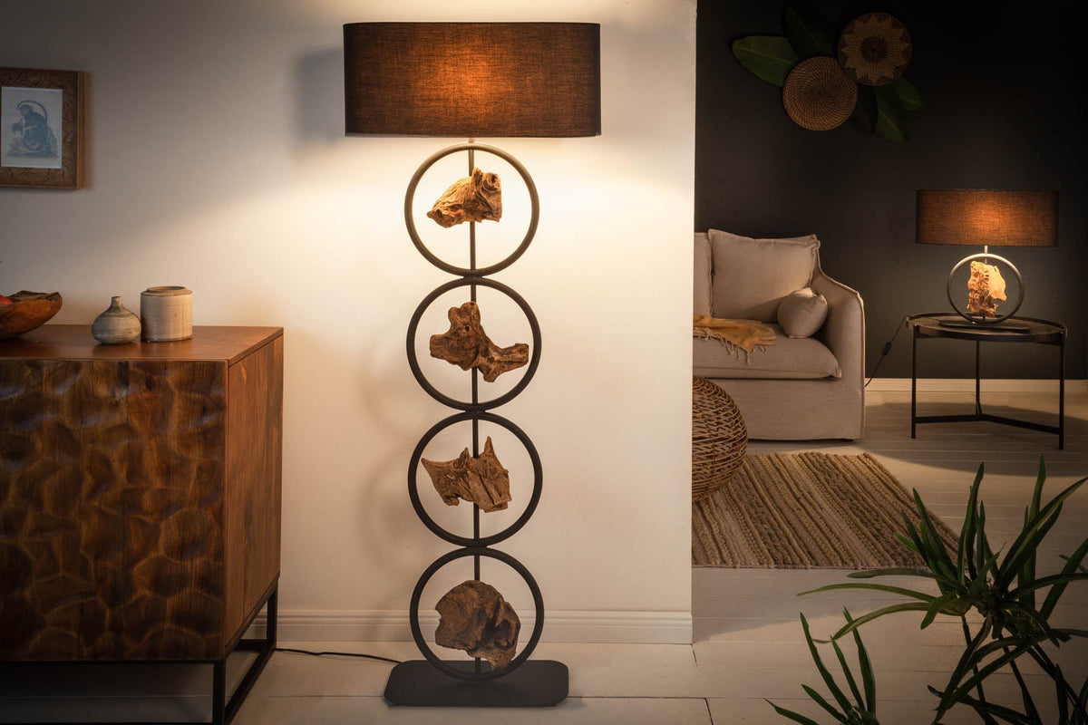 Lampadaire design ELEMENTS 147cm abat-jour en coton noir pied en bois massif