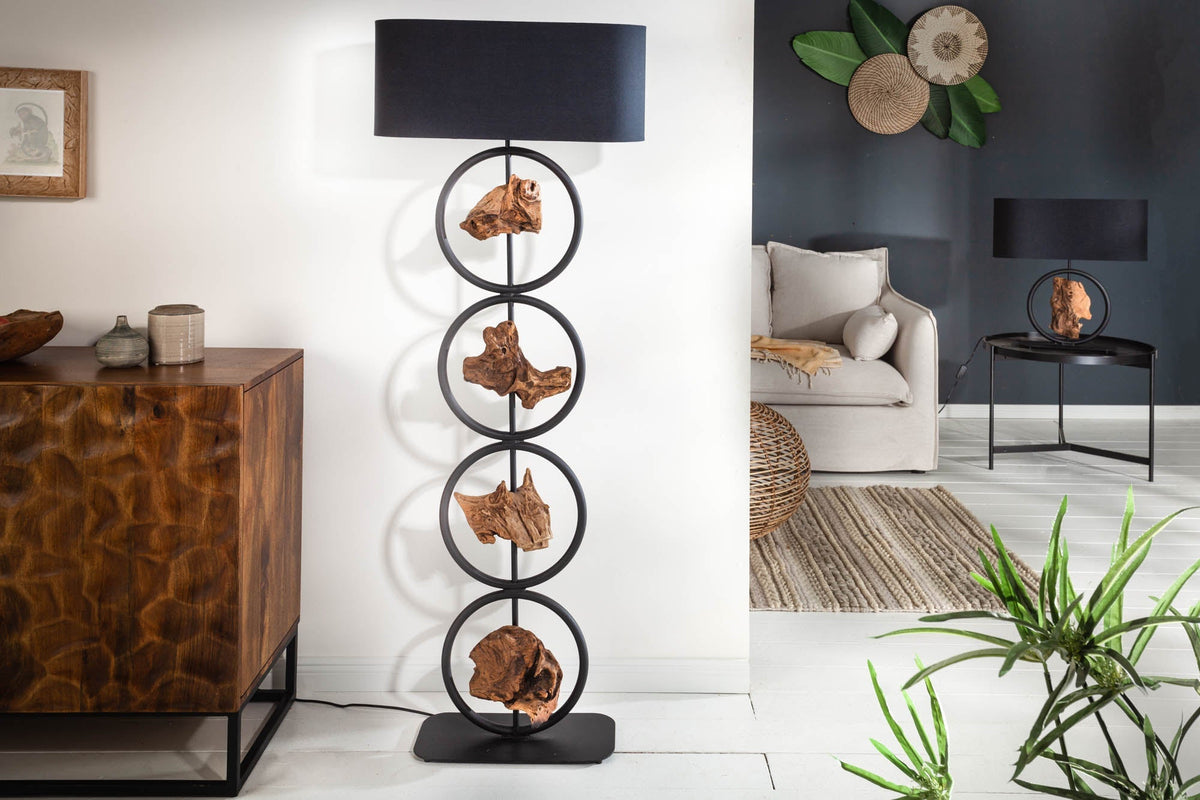 Lampadaire design ELEMENTS 147cm abat-jour en coton noir pied en bois massif