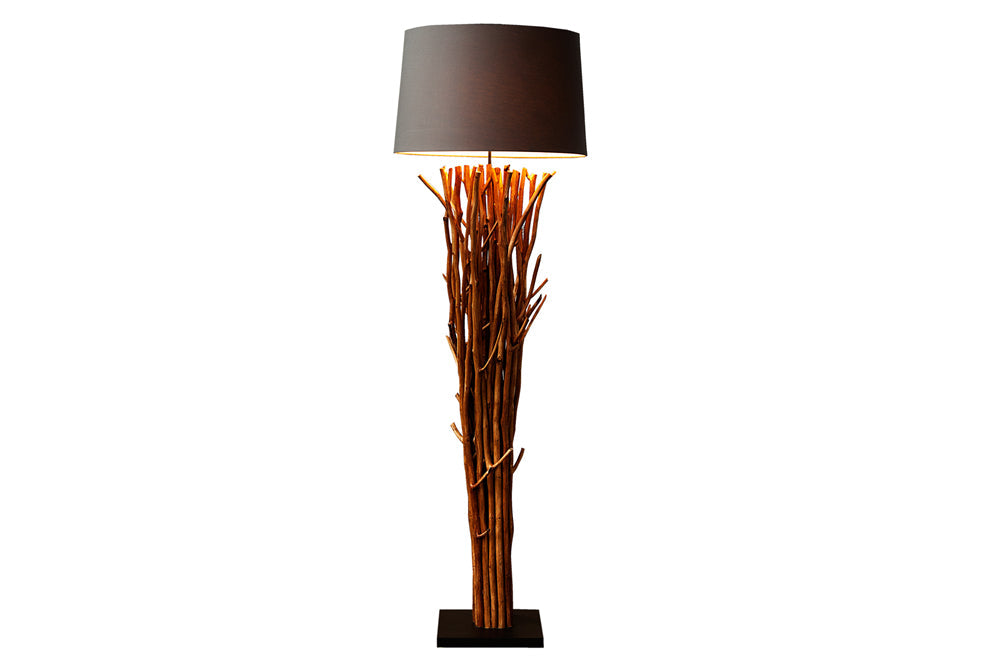 Lampadaire design en bois flotté EUPHORIA 180cm gris avec abat-jour en lin