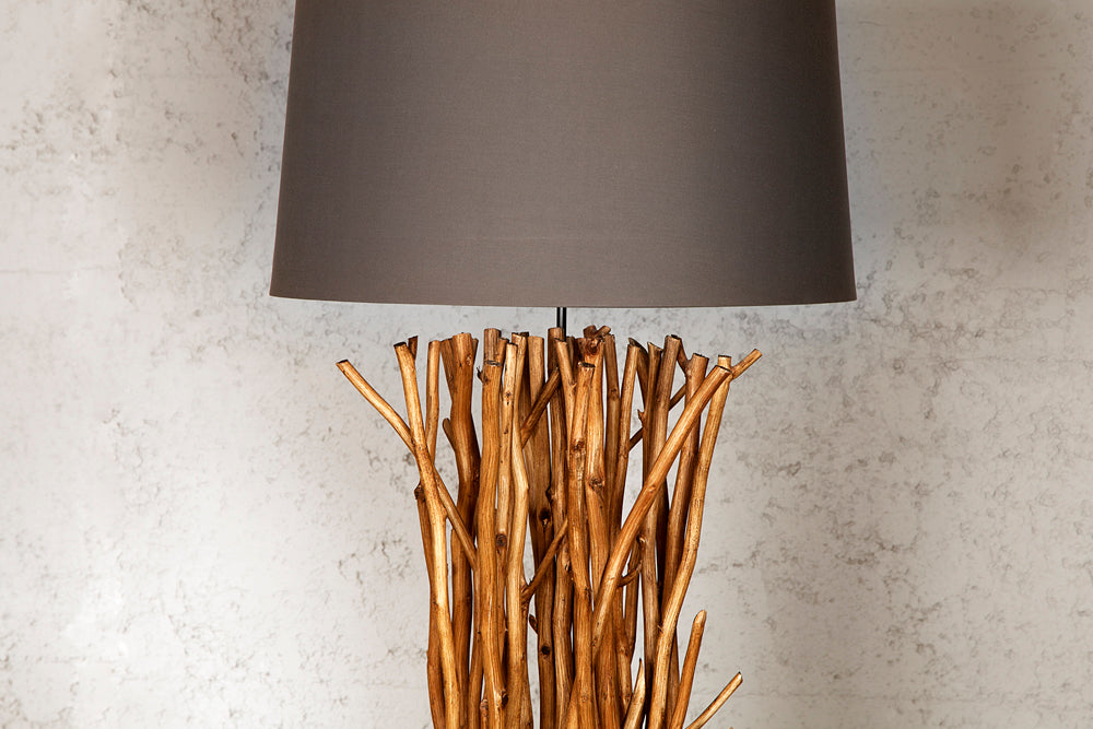 Lampadaire design en bois flotté EUPHORIA 180cm gris avec abat-jour en lin