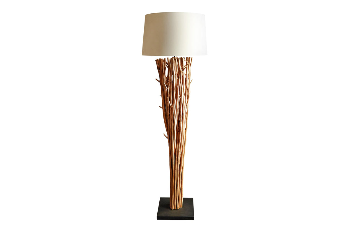 Lampadaire design en bois flotté EUPHORIA 180cm naturel avec abat-jour en lin