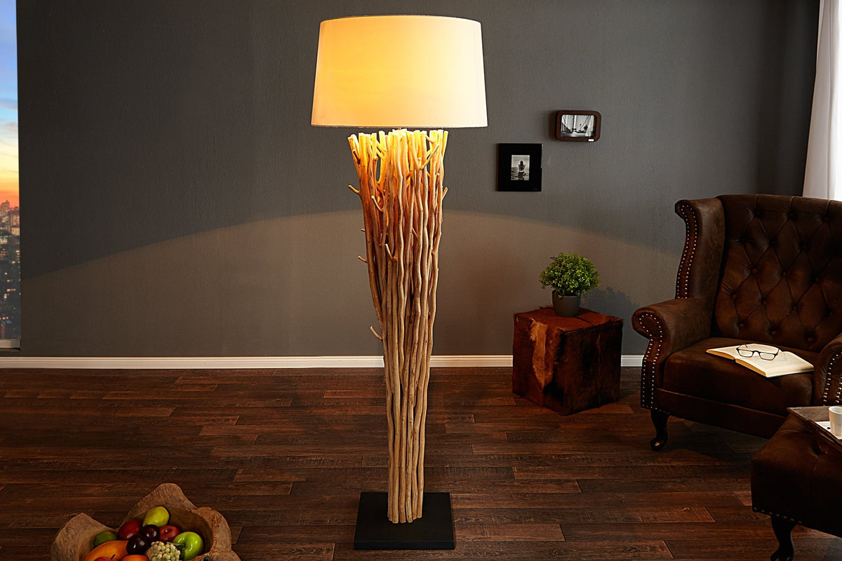 Lampadaire design en bois flotté EUPHORIA 180cm naturel avec abat-jour en lin