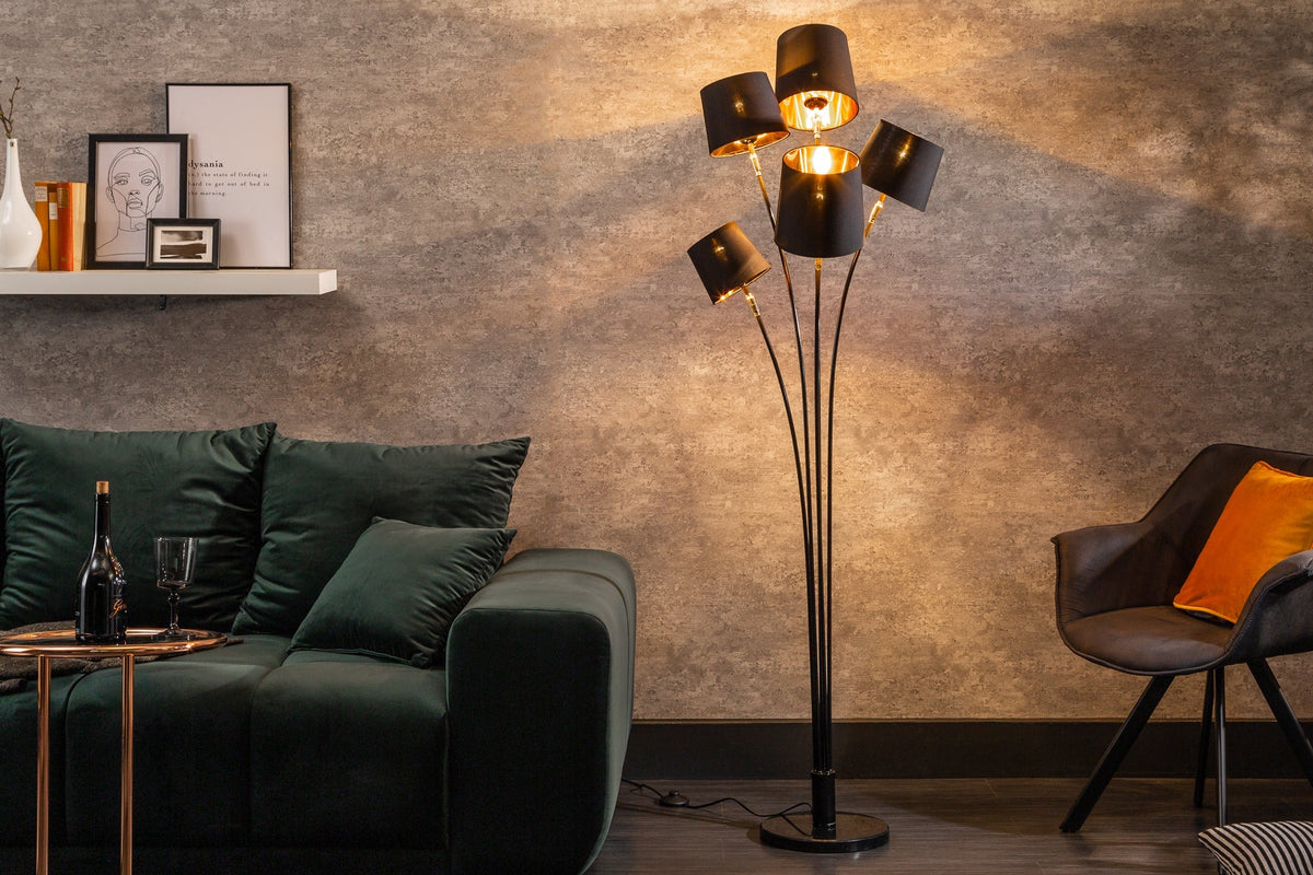 Lampadaire design LEVELS 176cm avec 5 abat-jour en lin lampadaire noir doré